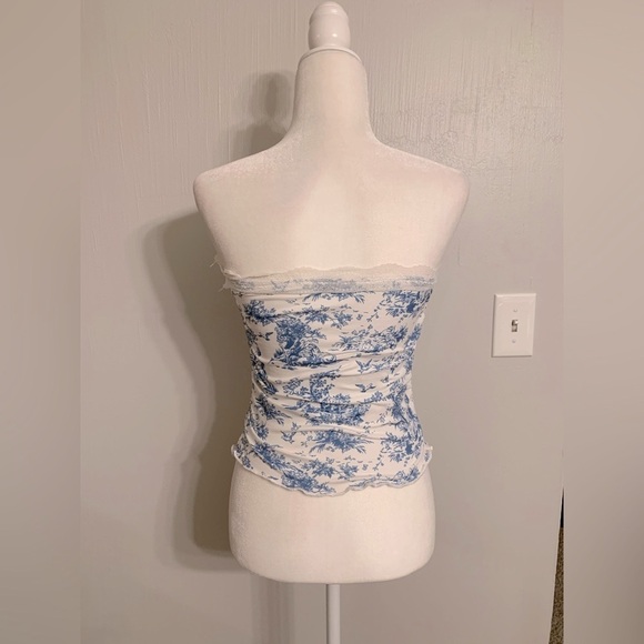 SHEIN Blue and White Ruched Strapless Blouse - Picture 3 of 4